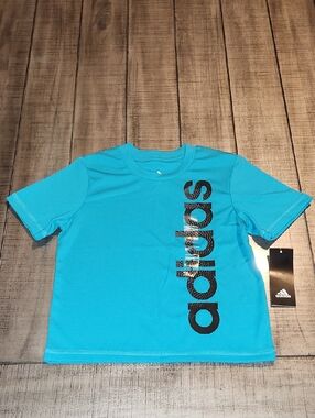 NWT adidas Kids Blue Turquoise Vertical Logo Tee